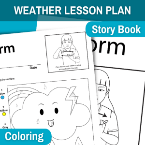 image show a color by number worksheet and storm sign language anchor chart. at top of image is blue banner that states weather lesson plan. in bottom right is a small blue bubble that states coloring