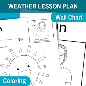 image features a color by number with finger spell worksheet and a sun sign language wall chart. blue banner at top reads weather lesson plan. right under banner to right is blue bubble stating wall chart. at the lower left bottom of image is a small blue bubble that reads coloring.