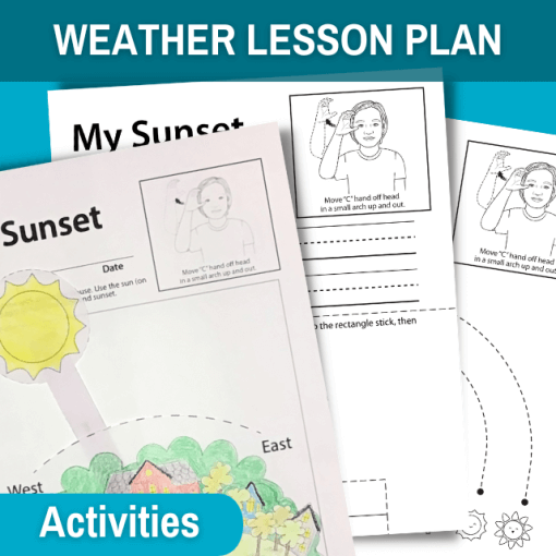 this image features an interactive sunrise/sunset craft and worksheets. a blue banner at top of image reads weather lesson plan. in the bottom right is a small blue bubble that reads activities