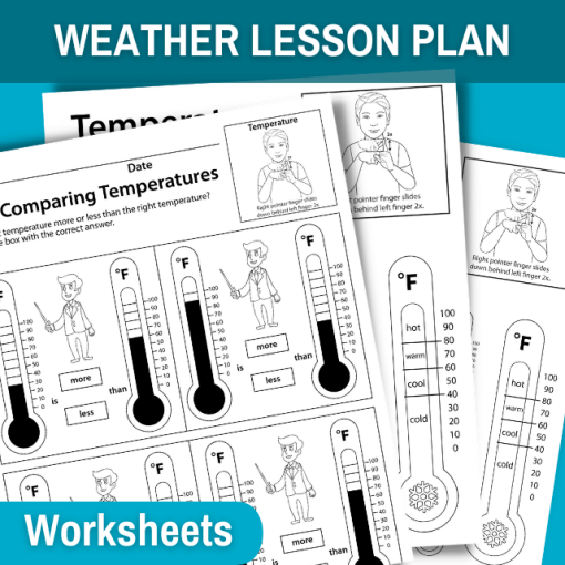 image features 3 temperature worksheets. blue boarder at top of image reads weather lesson plan. at far right bottom is a small blue bubble that reads worksheets
