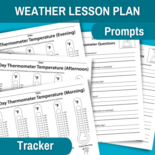 image feature three temperature tracking worksheets with two observation open-ended responses. top blue banner read weather lesson plan, to the right under the banner is a small blue bubble that reads prompts. and the bottom right corner is a small blue bubble that reads tracker