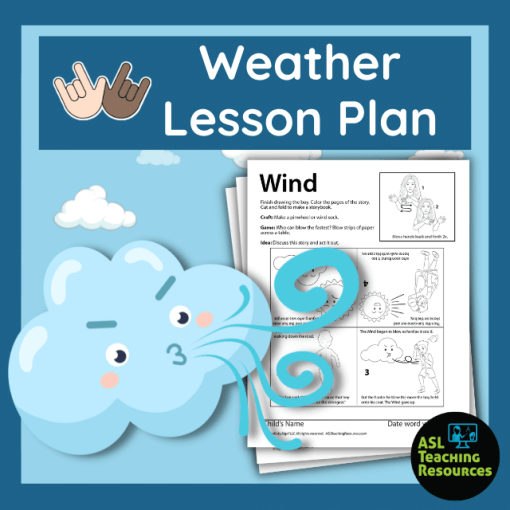 image features a blue cloud with a face with puffed out cheeks blowing wind. next to the wind cloud are wind fable worksheets. the top blue banner reads weather lesson plan