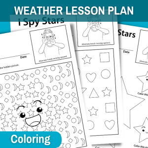 image show three star worksheets. the blue board at top says weather lesson plan. a small blue bubble at top of image says coloring