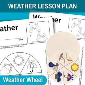 image feature weather wheel activity worksheets. top blue banner reads weather lesson plan. in bottom right cornor is a small blue bubble that reads weather wheel