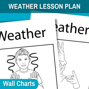 image features two different sign language weather anchor charts to hang in the classroom. across top of image is a blue banner that reads weather lesson plan. in the bottom right corner is a small blue bubble that reads wall charts