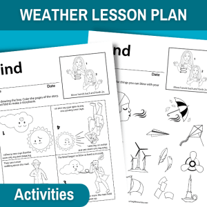image features a wind worksheet and emergent reader for the sun and the wind fable. the top blue banner reads weather lesson plan, learn about the wind with this fable activity. at the bottom right corner of the image is a small blue bubble that reads activities