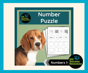 teaching numbers with Sign Language worksheets. images features a dog next to worksheets for cuteness