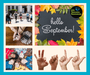 Collage. hello September is written on chalkboard with fall leaves on boarder. Images of back-to-school and children hands signing Fall.