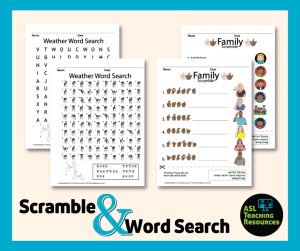 image reads "Scramble & word searches" with four Sign Language game sheets. Two versions of scrambe and to versions of word search