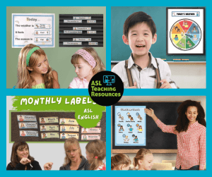 collage images show different ways to incorporate Sign Language in the classroom. two girls with daily ASL calendar labels on wall behind them. Boy with a weather wheel on board to his left that features Sign Language. teacher, parent, and student with months calendar labels with ASL behind them. Teaching pointing to a Weather symbols chart with ASL in front of the classroom.