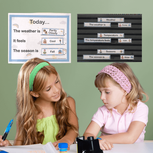 girls in classroom with weather chart labels in background