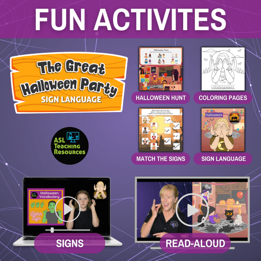 Deep purple background that shows The Great Halloween Party storybook title. Other images show that this amazon Halloween storybook comes with a video of the Halloween Sign Language signs, and storytelling video of the book. Also show images of the activities in the book as featuring Sign Language, Halloween hunts to find icons in the book, coloring pages, and matching signs with english words.