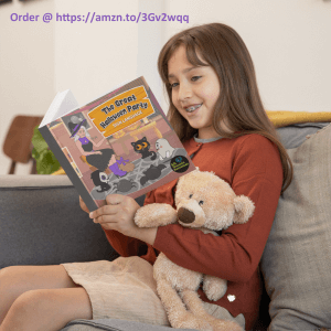 A young girl is sitting on couch holding a teddybear while reading the Halloween Storybook The Great Halloween Party