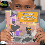 A young child holding a book titled The Great Halloween Party with an amazon link on bottom of image