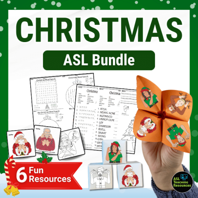 Christmas ASL Bundle. image features ASL Christmas flashcards, dice, fortune teller, word searches, and word scrambles. Banner on bottom right of image states 6 fun resources