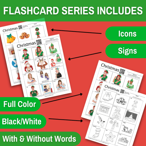Flashcard series includes icons and signs in full color, black and white, all with ans without english words