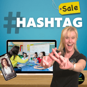 woman signing hashtag next to laptop image of elementary teacher with children