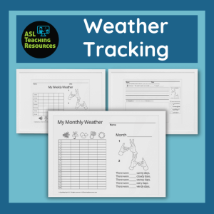 image feature weekly an monthly weather trackers with writing prompts. Top of image has blue banner that reads weather tracking