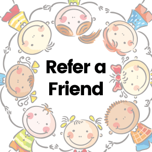 cartoon of kids in a circle, text refer a friend