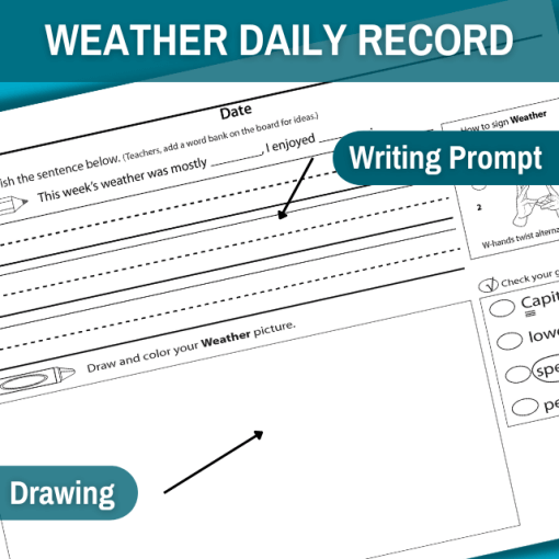 image feature weather tracking record. Under the blue banner on the of the image reads weather daily record. under the blue banner on the right is a small blue bubble that reads writing prompts. at the bottom left is a small blue bubble that reads drawing