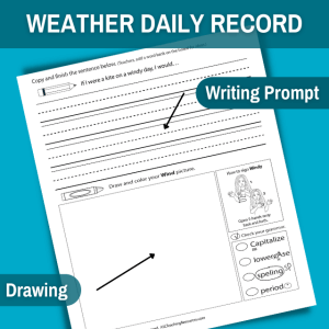 this image feature the daily record journal writing prompt. 4 versions are included in this journal. a blue banner at the top of the image reads weather daily report. under the blue banner on the right side is a small blue bubble that reads writing prompt. on the bottom lest corner is a small blue bubble that reads drawing.