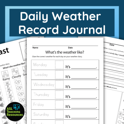 image features a weekly weather tracker with cut and paste page and journal writing prompts. blue banner at top of image reads daily weather record journal