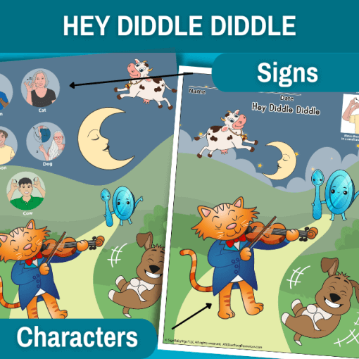 image features two versions of the hey diddle diddle posters with and without sign language. A blue banner is across the top of the image that reads hey diddle diddle. under the banner to the right is a small blue bubble the reads signs. on the bottom right corner of the image is a small blue bubble that reads characters