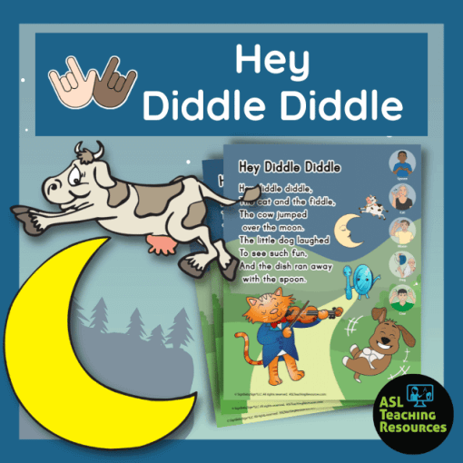 this image features a cow jumping over the moon next to hey diddle diddle posters. a blue banner goes across the top that reads hey diddle diddle