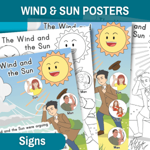 this image feature two fuly colored and two black and white posters with sign language. acroos the top is a blue banner that reads wind & sun posters. in the bottom left corner is a small blue bunddle that reads signs
