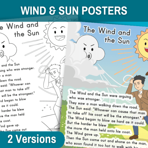 image features two versions for the wind and the sun fable. Poster come fully colored and in black and white. across top of image is a blue banner that reads wind & sun posters. in bottom right corner of image is a small blue bubble that reads 2 versions