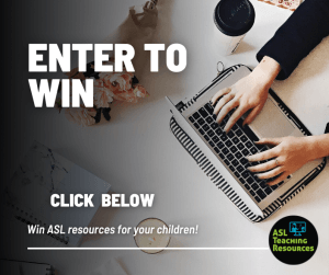 overhead view of woman on laptop. text says Enter to Win Click below. ASL teaching resources