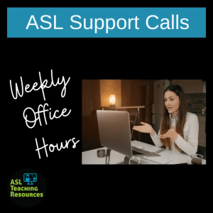 woman on laptop meeting text ASL support calls. Weekly office hours