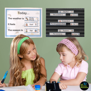 two girls are working at a desk with a green wall behind them. On the wall are two different weather calendar displays. each display states what the weather is like today, what it feels like, and what season it is.