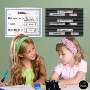 two girls are working at a desk with a green wall behind them. On the wall are two different weather calendar displays. each display states what the weather is like today, what it feels like, and what season it is. 