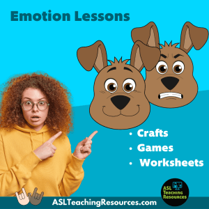 emotions lessons include crafts, games, and worksheets. picture of girl pointing to two dog faces showing different emotions (happy and mad)