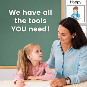 teacher helping student. board "We have all the tools you need"