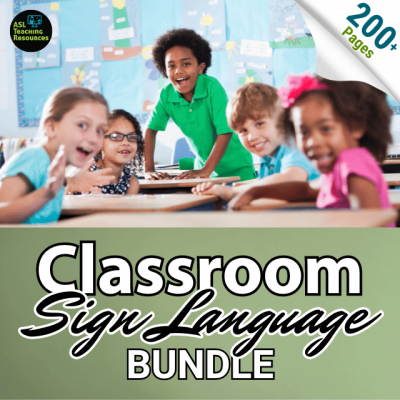 Basic Classroom Sign Language Bundle. Over 200 pages! Picture shows small children in a classroom working at a long desk with Classroom Sign Lanuague Bundle written on bottom of image.