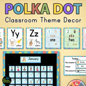 The mega polka dot classroom theme decor bundle includes everything you need to set your classroom up for ASL learning. ABCs, and 1-30 wall charts, ASL pocket and bulletin board calendar set with birthday posters and the ASL weather classroom charts that include a weather wheel, daily chart, and weather vocabulary word wall cards.