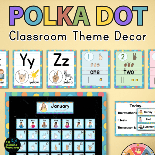 The mega polka dot classroom theme decor bundle includes everything you need to set your classroom up for ASL learning. ABCs, and 1-30 wall charts, ASL pocket and bulletin board calendar set with birthday posters and the ASL weather classroom charts that include a weather wheel, daily chart, and weather vocabulary word wall cards.
