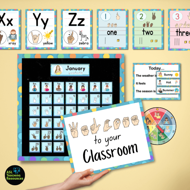 wall decor with sign language alphabet charts and calendars with asl