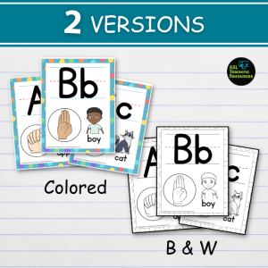 polka dot alphabet wall charts feature sign language, illustrations and upper- and lower-case alphabet. black and white coloring pages.
