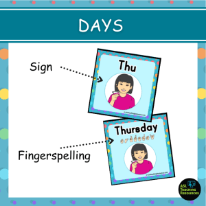 polka dot themed sign language pocket calendar cards comes in 3 inclusive skin tones, featuring days of the week. two versions one with sign only and one with fingerspelling.