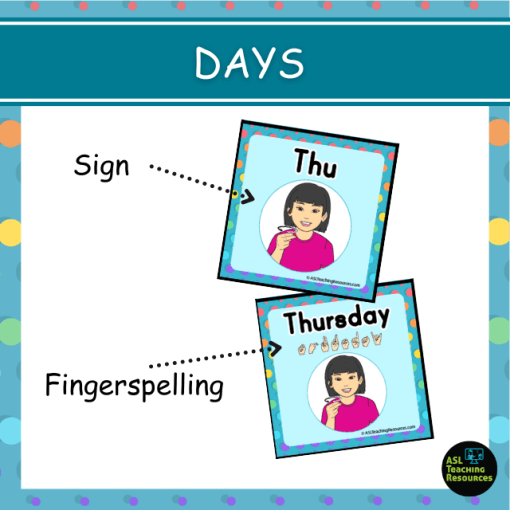 polka dot themed sign language pocket calendar cards comes in 3 inclusive skin tones, featuring days of the week. two versions one with sign only and one with fingerspelling.