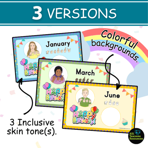 These birthday charts are polka dot themed and come with colorful backgrounds and feature 3 skin tones.