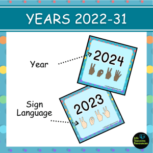 polka dot themed sign language year pocket calendar cards comes in 3 inclusive skin tones, featuring english numerals and sign language. Covers years 2022-2031