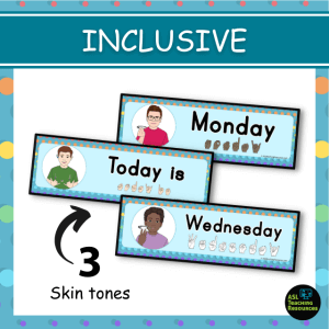 the days of the week asl calendar labels in inclusive with 3 skin tones