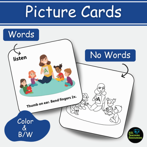 cards with asl & image to show flashcard words "Picture Cards" color b/w