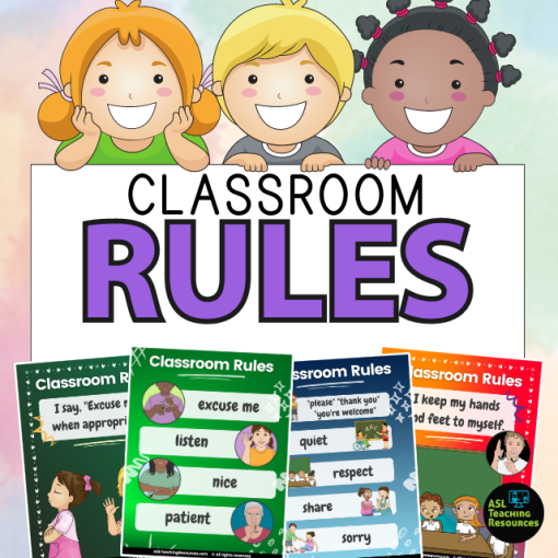 Classroom Rules is written on a sign help by three children. at bottom of image is four posteers from this set.