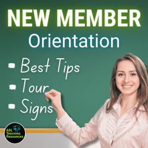 lady writing on chalkboard that reads New Member Orientation with bullet points stating best tips, tour, and signs