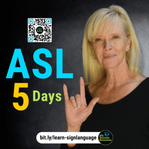 Teacher signing ASL in asl for 5 days with QR Code
